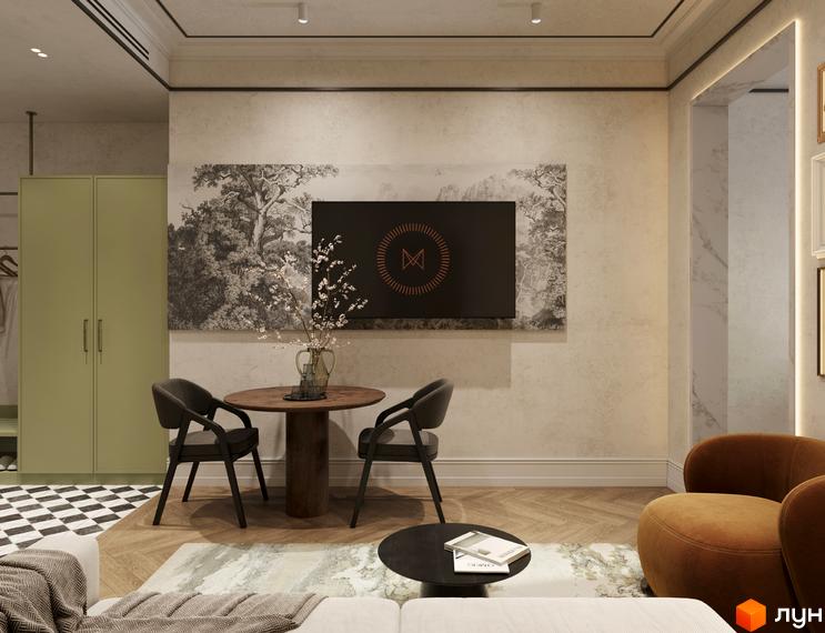 Інтер'єр студії в апарт-готелі Apex з двомісним столом, кріслами та телевізором на стіні. На стіні велике зображення пейзажу.