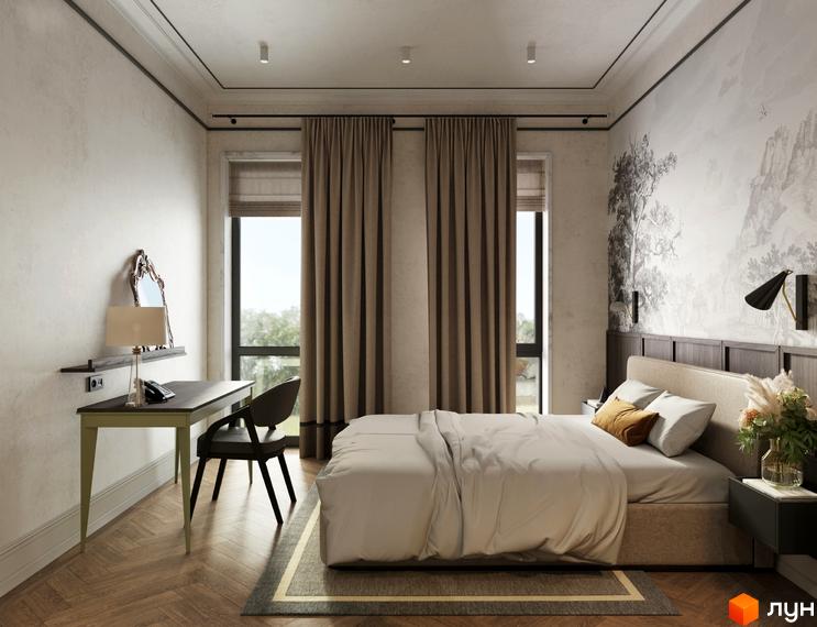 Апарт-готель Apex: спальня з ліжком, тумбою, робочим столом та вікнами. Дизайн інтер'єру у світлих тонах.