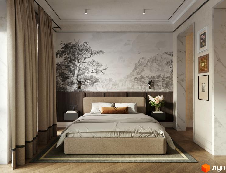 Інтер'єр спальні в апарт-готелі Apex з великим вікном, шторами та фрескою на стіні. Дизайн кімнати виконаний в спокійних тонах.