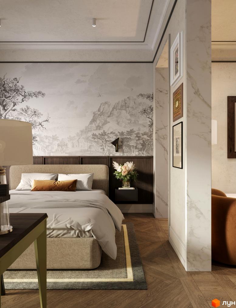 Апарт-готель Apex: спальня з панорамними шпалерами та мармуровою колоною, що веде до вітальні.