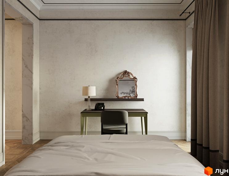 Апарт-готель Apex: спальня з ліжком, туалетним столиком, дзеркалом та шторами. Проєкт новобудови.