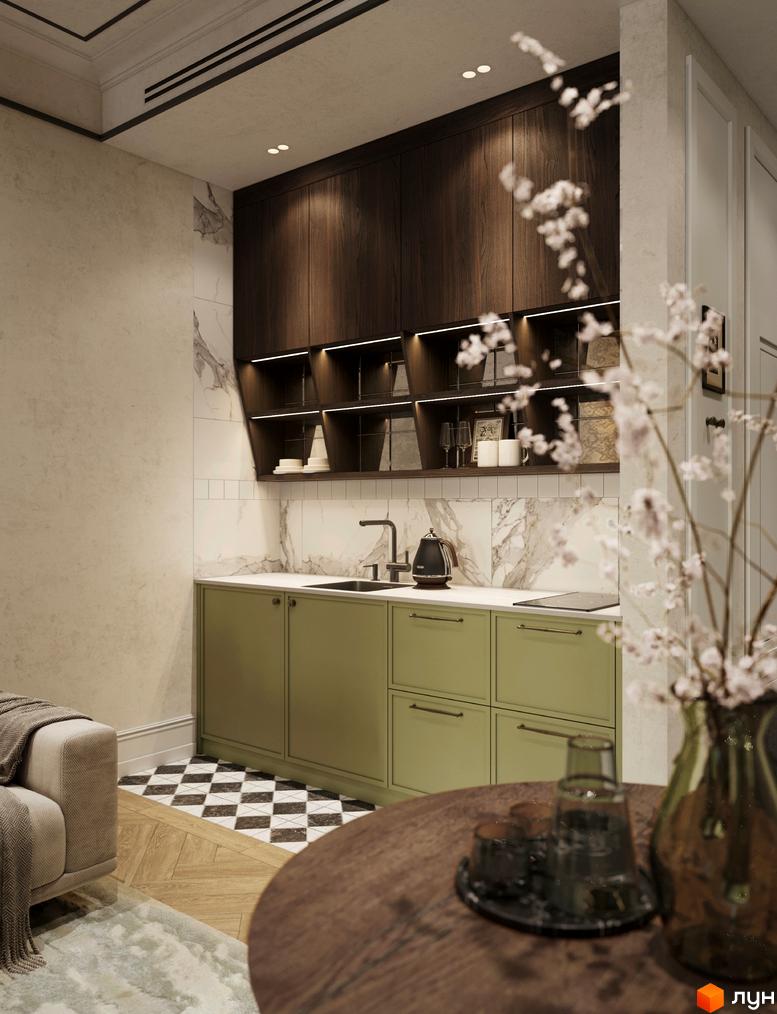 Апарт-готель Apex: сучасна кухня з зеленими фасадами, мармуровим фартухом та дерев'яними шафами. Інтер'єр доповнює стильне оздоблення та освітлення.