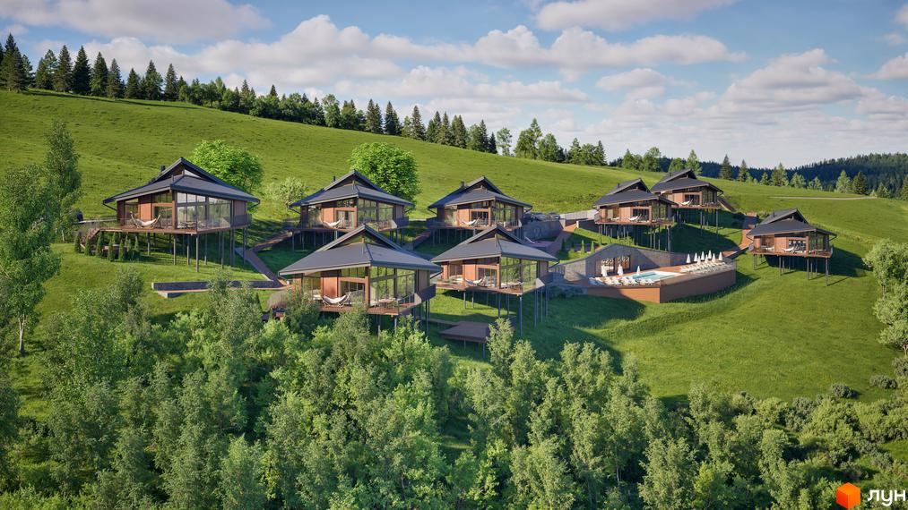 Котеджне містечко КМ Тишагора. Будинки на палях з панорамними вікнами на зеленому схилі. На території басейн та зони відпочинку.