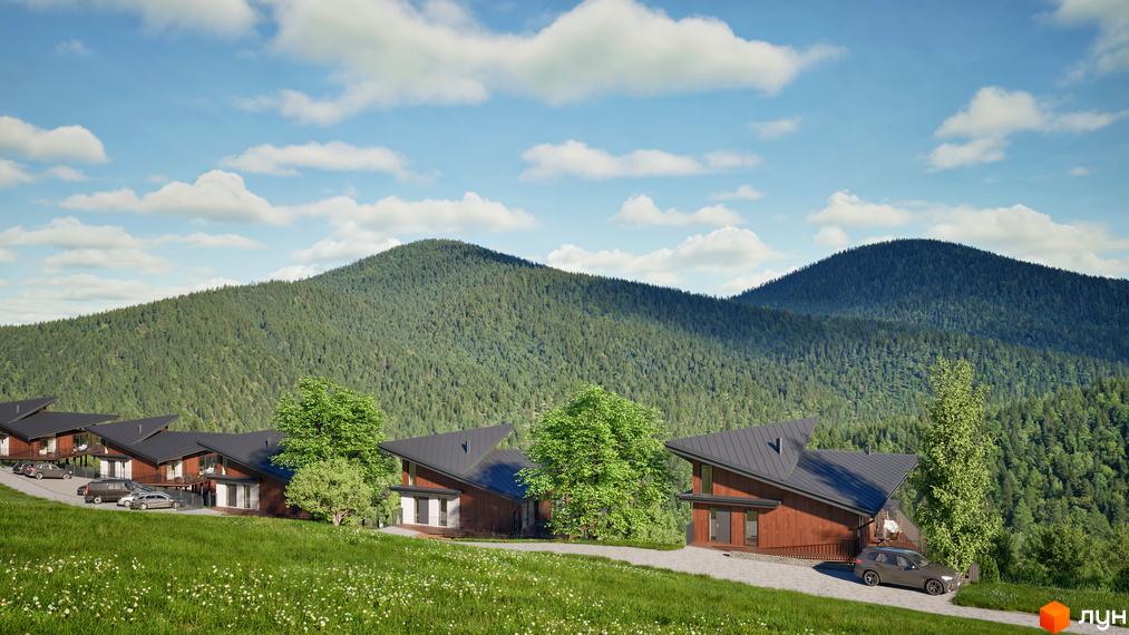 Котеджне містечко Тишагора: дерев'яні будинки з темними дахами на тлі гір. Поруч зелені дерева та галявина з квітами.