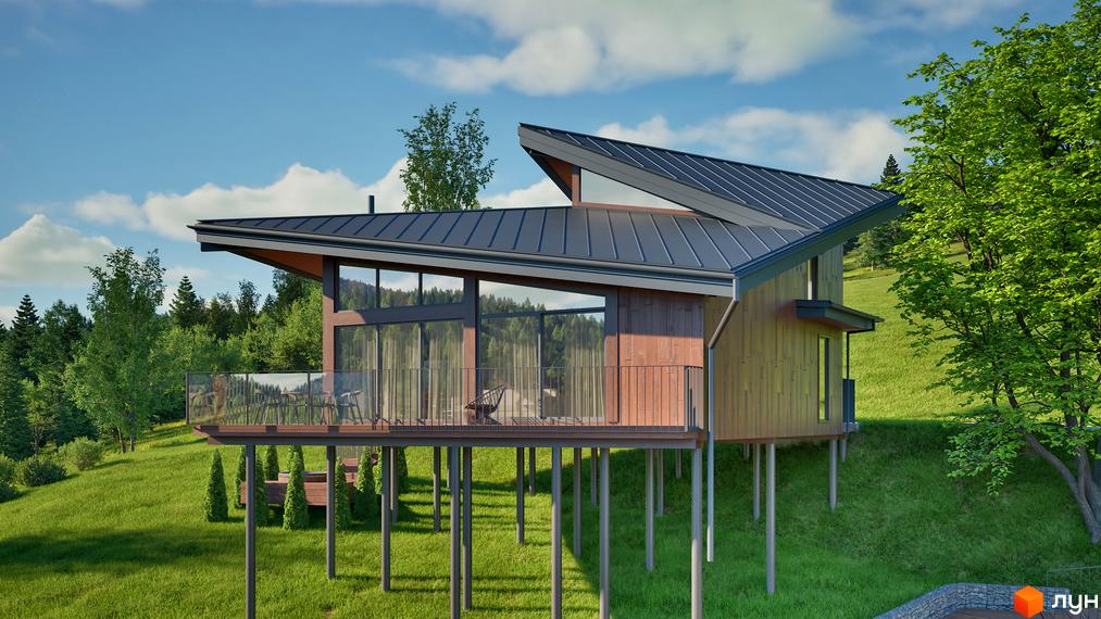 Котеджне містечко Тишагора: будинок на палях з великими вікнами та терасою, оточений зеленою травою та деревами.