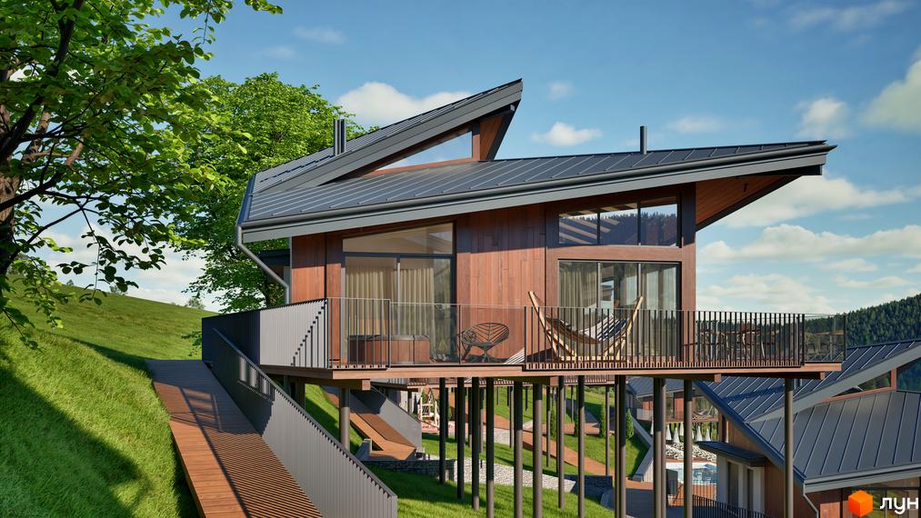 Котеджне містечко Тишагора: дерев'яні будинки на палях з балконами та панорамними вікнами, розташовані на схилі зеленого пагорба.