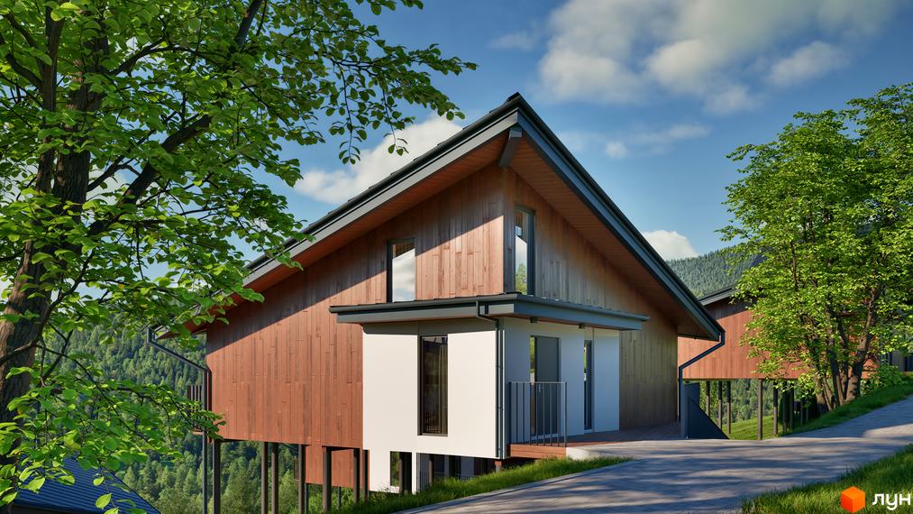 Котеджне містечко КМ Тишагора. Будинок з дерев'яним фасадом та білими вставками, розташований на схилі гори серед дерев. Поруч асфальтована дорога та зелена трава.