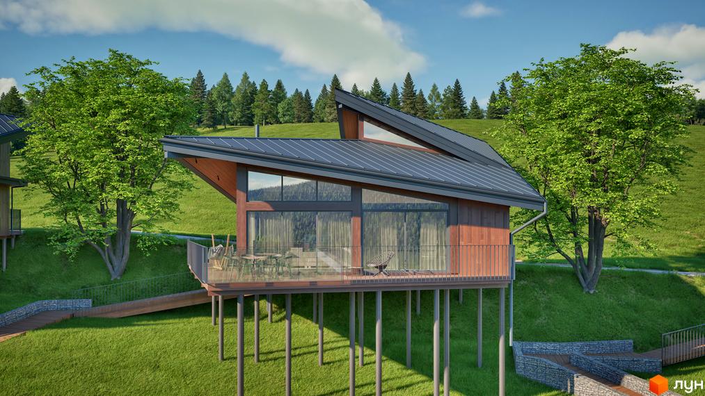 Котеджне містечко КМ Тишагора: будинок на палях з дерев'яною обшивкою та великими вікнами, тераса з меблями, зелений схил.