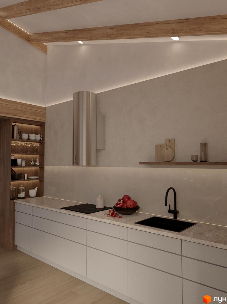 Інтер'єр кухні в стилі мінімалізм з дерев'яними балками на стелі та сучасною технікою. Комплекс КМ Тишагора.