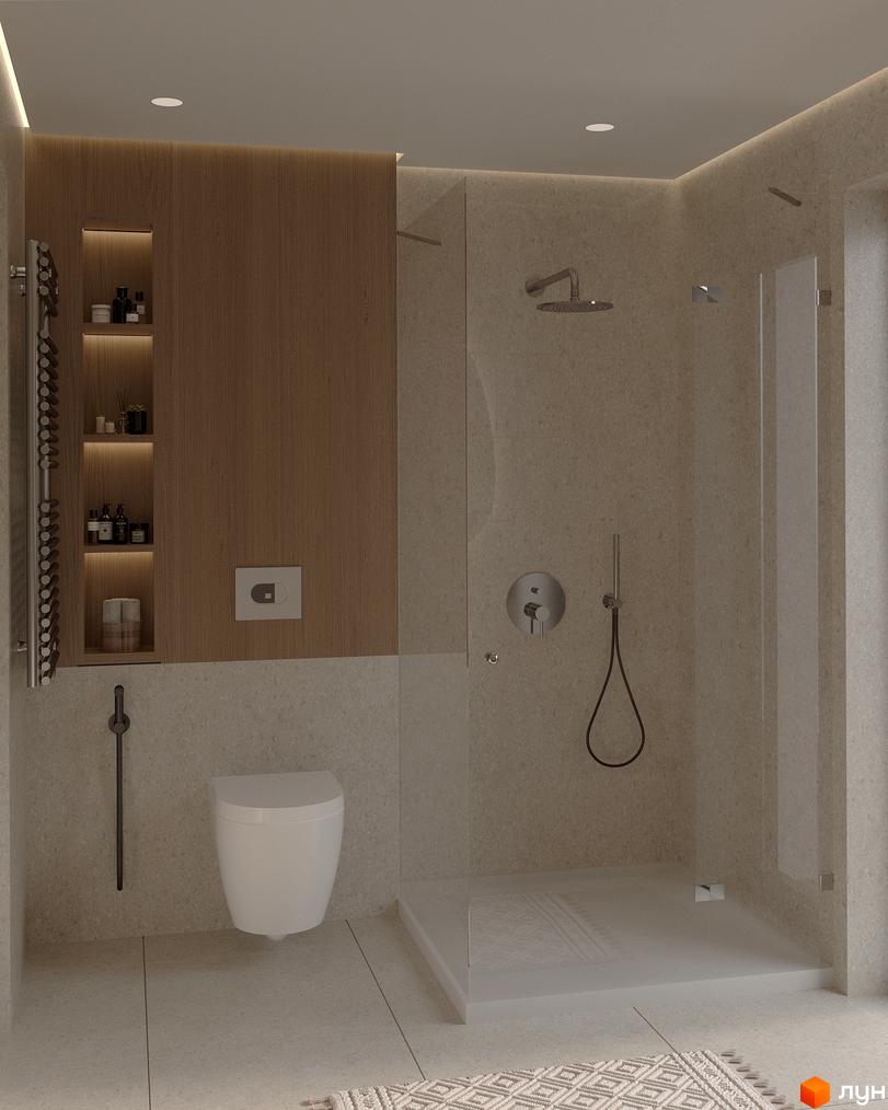 Котеджне містечко КМ Тишагора: інтер'єр ванної кімнати з душем та унітазом.