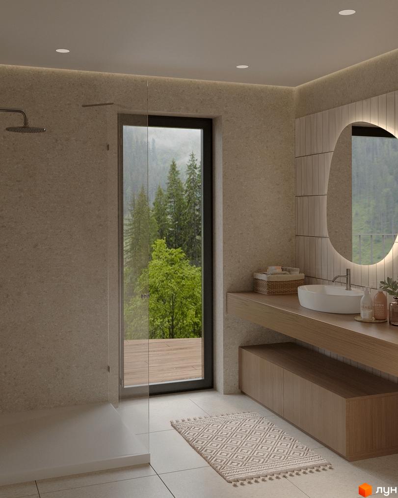 Котеджне містечко Тишагора: інтер'єр ванної кімнати з душем та вікном, що виходить на ліс. Зовнішній вигляд будинку з вікна.