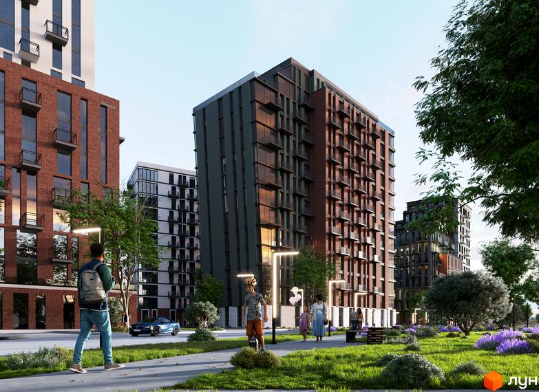 Простір Eco City: новобудова з цегляним та темним фасадами, балконами, поруч зелена зона з лавандою та дитячим майданчиком.