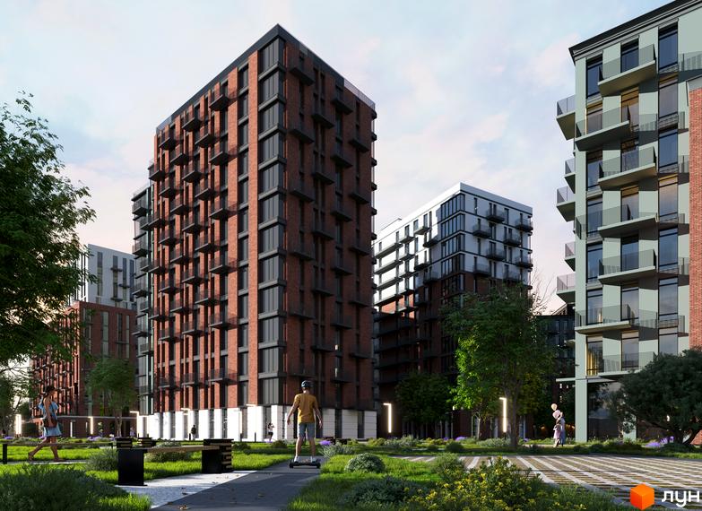 Простір Eco City - новобудова з червоної цегли та скляними фасадами, з балконами, на тлі блакитного неба. Прибудинкова територія з зеленими насадженнями та місцями для відпочинку.