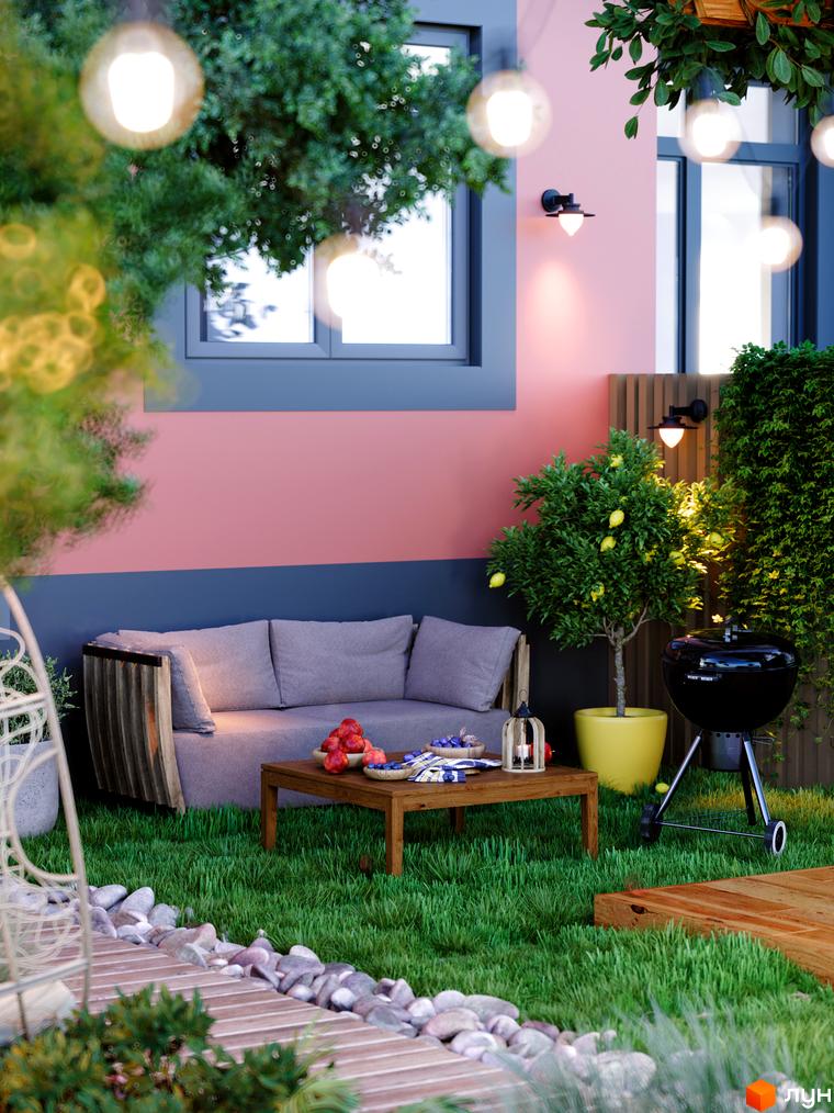 Житловий комплекс Амстердам Клубний: затишна тераса з диваном, барбекю та лимонним деревом. Зелена прибудинкова територія з освітленням.