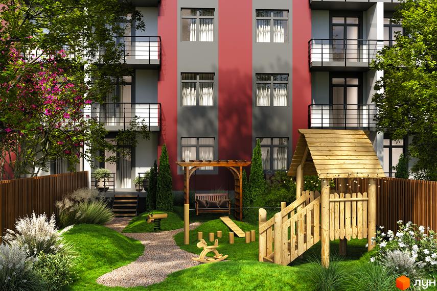 Житловий комплекс Амстердам Клубний з червоно-сірим фасадом та балконами, поруч дитячий майданчик з дерев'яною гіркою та гойдалкою.