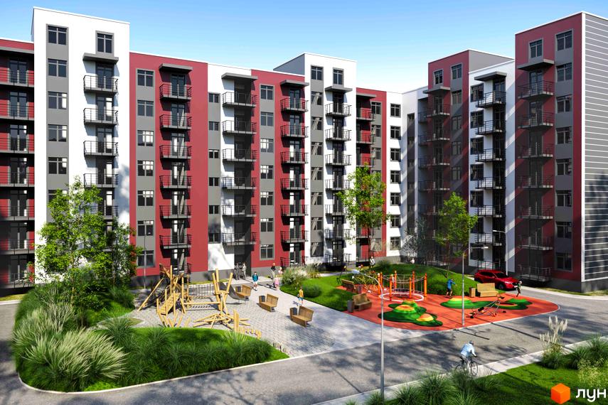 Житловий комплекс Амстердам Клубний з червоно-білими фасадами та балконами, дитячим майданчиком та зоною відпочинку.