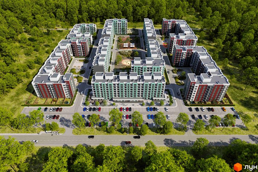 Житловий комплекс Амстердам Клубний з багатоповерховими будинками та зеленою прибудинковою територією. На території є дитячий майданчик та парковка.