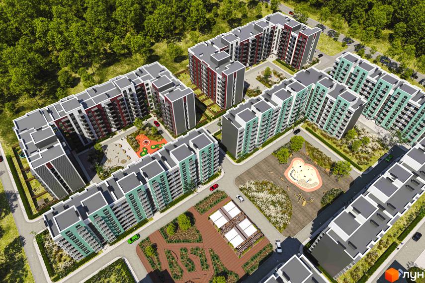 Житловий комплекс Амстердам Клубний з багатоповерховими будинками та дитячим майданчиком. Навколо зелена зона та доглянута територія.