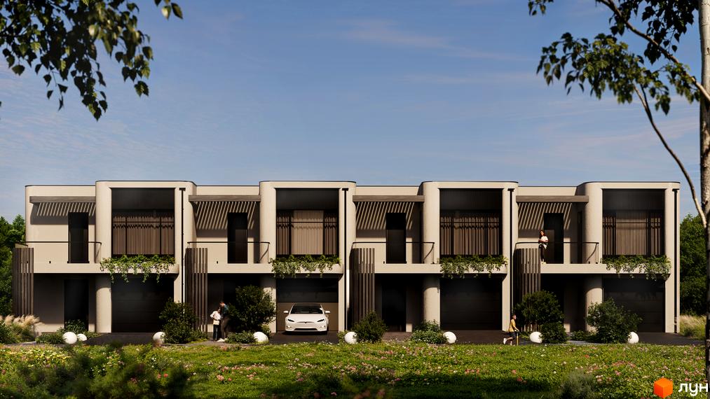 Котеджне містечко КМ Sofia Village. Сучасні таунхауси з гаражами та балконами, оточені зеленню та квітучим газоном.