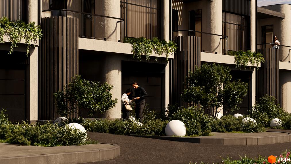 Котеджне містечко КМ Sofia Village. Зовнішній вигляд будівель з балконами та рослинністю, прибудинкова територія з деревами та сферичними елементами.