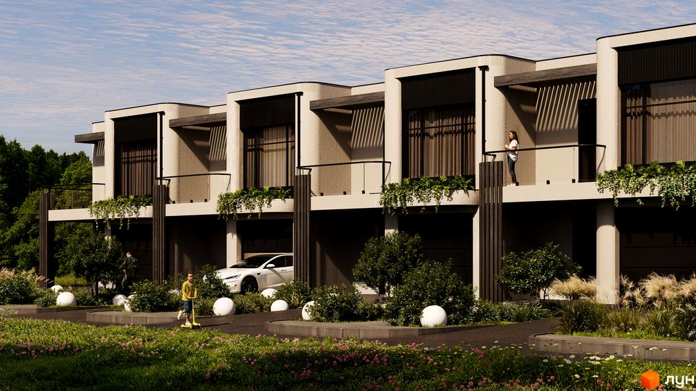 КМ Sofia Village - архітектура будівель з балконами та гаражами, зелена прибудинкова територія з квітами та деревами.