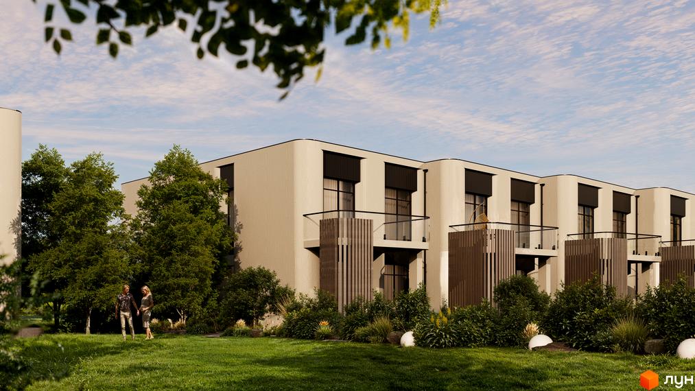 Котеджне містечко КМ Sofia Village. Двоповерхові будинки з балконами та терасами, оточені зеленню та доглянутим газоном.