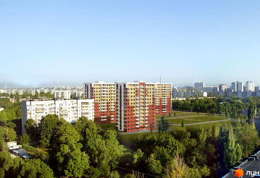 Житловий комплекс Садовий. Багатоповерхові будинки з червоними та жовтими фасадами розташовані серед зелених насаджень та паркової зони. Навколо будівель видно зелені дерева та доглянута прибудинкова територія.