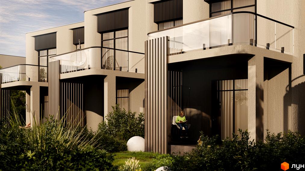 Котеджне містечко КМ Sofia Village: фасади будинків з балконами та терасами, зелена прибудинкова територія з зонами відпочинку.