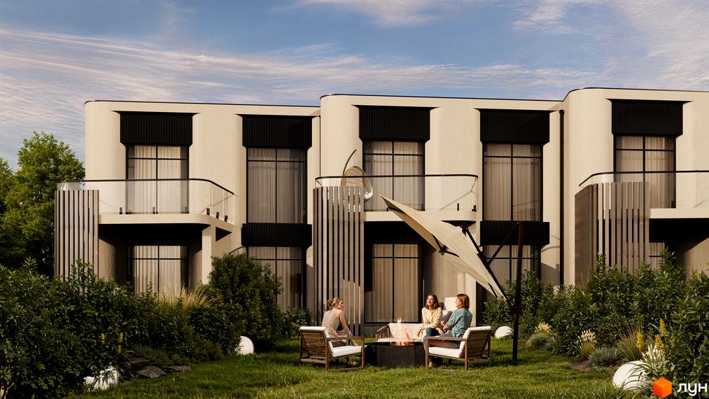 Котеджне містечко КМ Sofia Village. Зовнішній вигляд будинків з балконами та прибудинкова територія з зоною відпочинку біля вогнища.