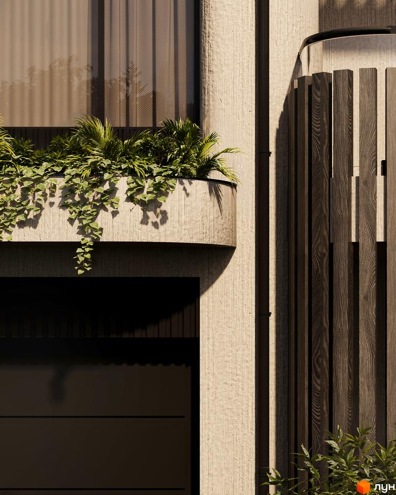 Зовнішній вигляд будинку КМ Sofia Village з текстурованими стінами та дерев'яними елементами. Зелені рослини на балконі та біля фасаду.