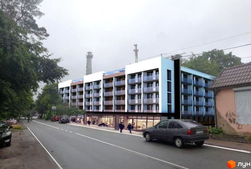 Новобудова ЖК Nord-Wood з балконами та комерційними приміщеннями на першому поверсі, розташована вздовж дороги з деревами.