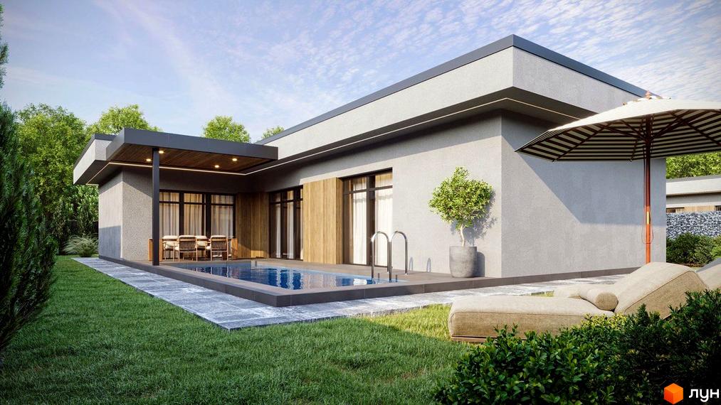 Котеджне містечко КМ Nova Residence з басейном та зоною відпочинку. Зовнішній вигляд будинку та прибудинкова територія з газоном та парасолькою.