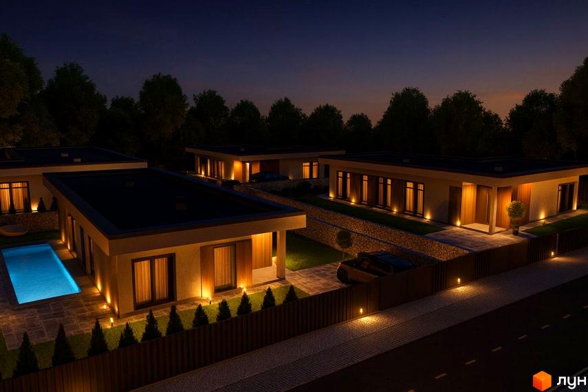 Котеджне містечко КМ Nova Residence з басейном та освітленням вночі. Будинки з пласкими дахами та великими вікнами, огороджена територія з деревами.