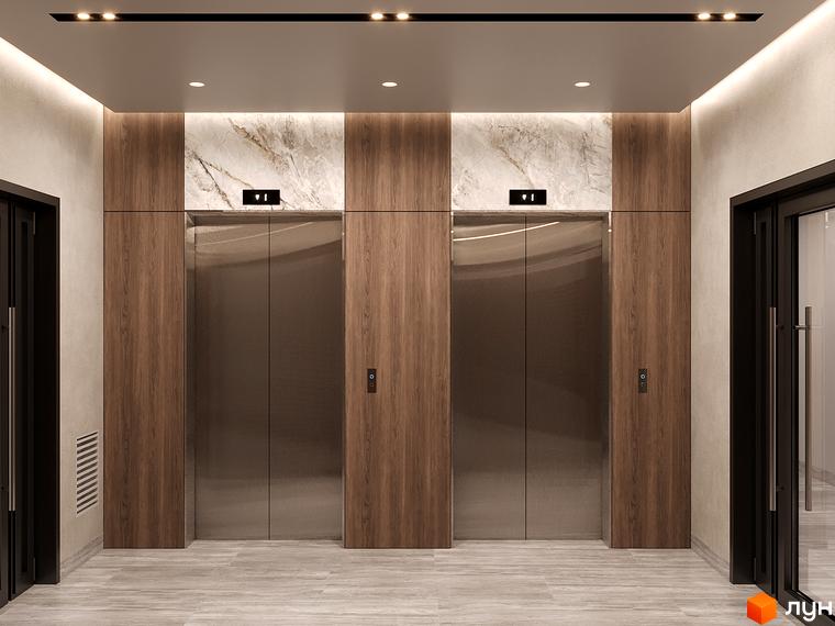 Сучасний хол з двома ліфтами в ЖК Polar Park. Стильний дизайн інтер'єру з дерев'яними панелями та мармуром.