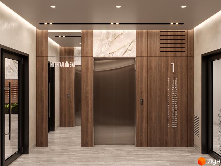 Житловий комплекс Polar Park. Сучасний вхід до будинку з ліфтом та оздобленням під дерево та мармур.