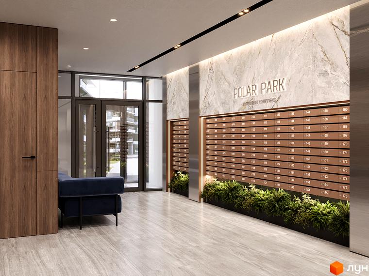 Вхідна група житлового комплексу Polar Park з поштовими скриньками та зеленню. Сучасний дизайн холу новобудови.