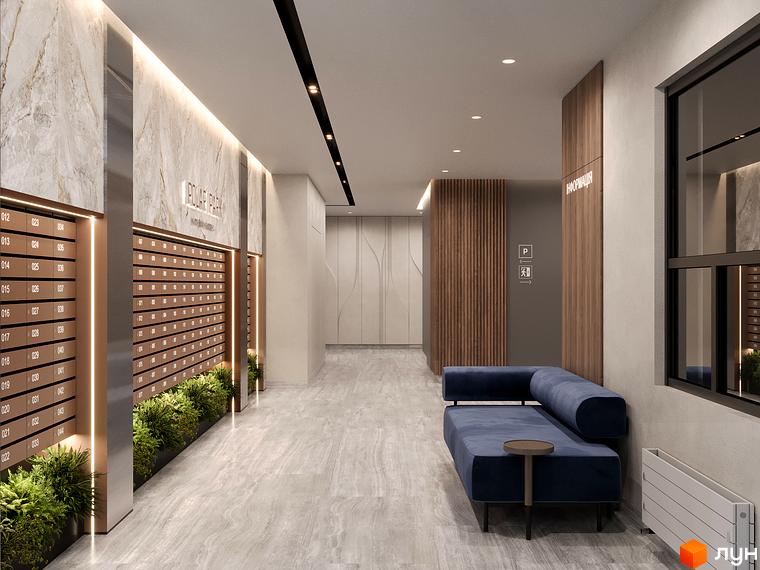 Сучасний хол житлового комплексу Polar Park з поштовими скриньками та зоною відпочинку. Інтер'єр новобудови з акцентом на функціональність та естетику.