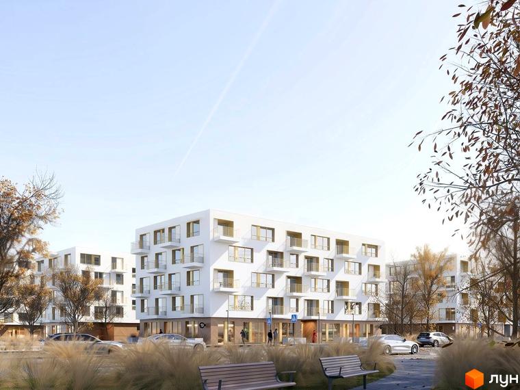 Новобудова ЖК VERO - біла будівля з золотими балконами та великими вікнами, поруч дерева та прибудинкова територія з лавками та автомобілями.