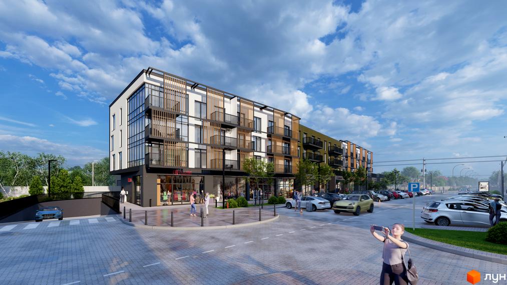 Зовнішній вигляд будинку DO RE MI Apart з балконами та великими вікнами, парковка та вхід в підземний паркінг.