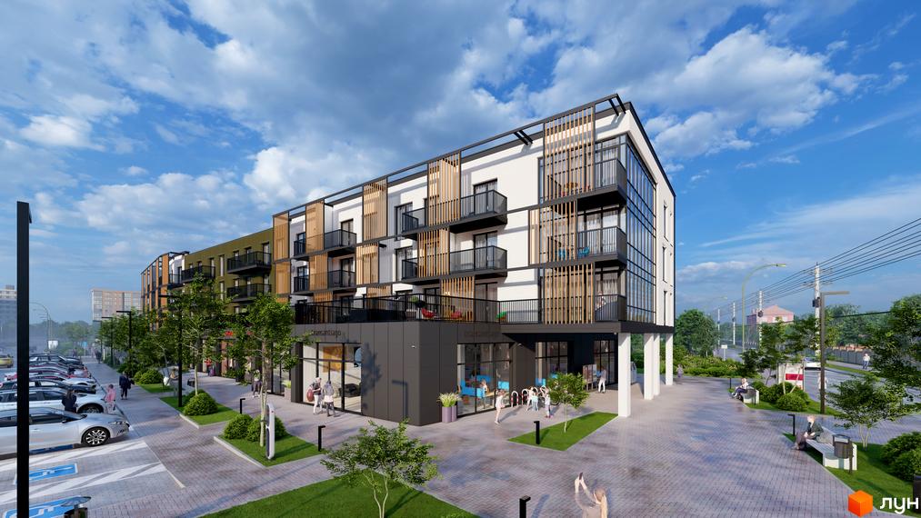 Зовнішній вигляд житлового комплексу DO RE MI Apart з балконами та дерев'яними елементами фасаду, а також прибудинкова територія з парковкою та зеленими насадженнями.