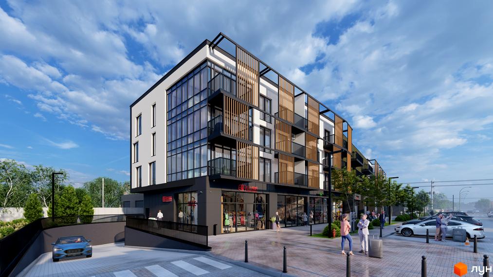 Зовнішній вигляд новобудови DO RE MI Apart з балконами та дерев'яними елементами, прибудинкова територія з паркуванням та пішохідною зоною.