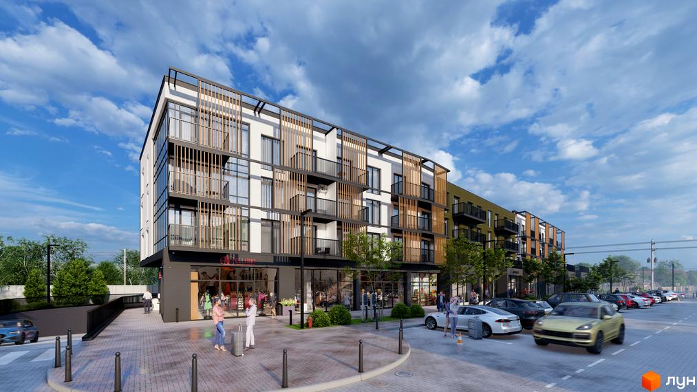 DO RE MI Apart: багатоповерхова новобудова з балконами та дерев'яними елементами фасаду, з прибудинковою територією та парковкою.