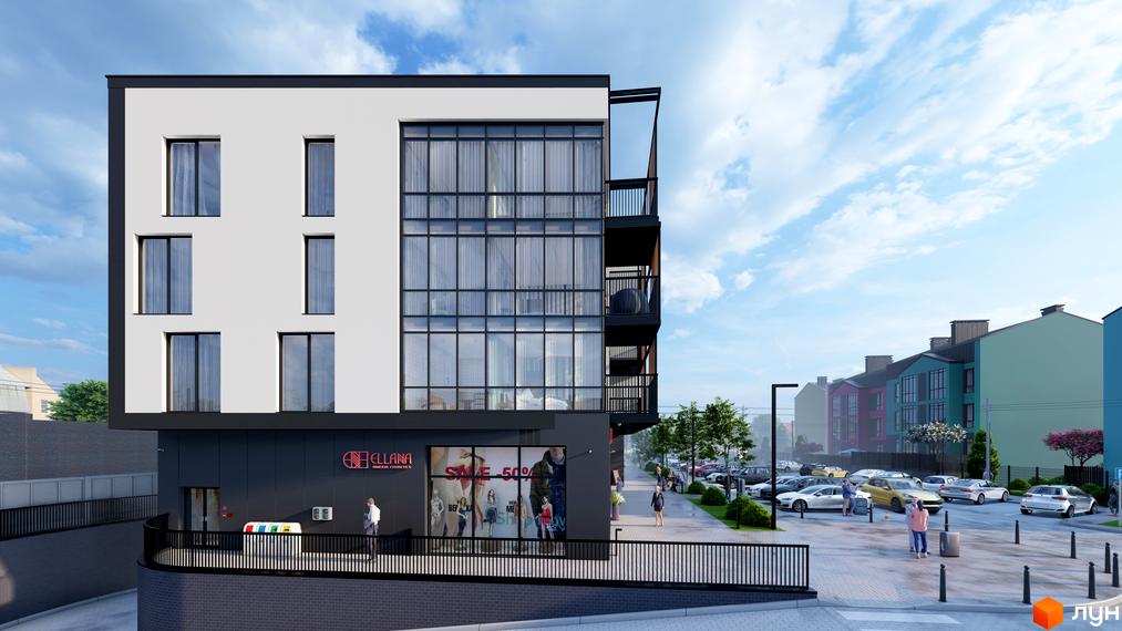 Зовнішній вигляд будинку DO RE MI Apart з великими вікнами та балконами, поруч розташовані парковка та різнокольорові будинки.