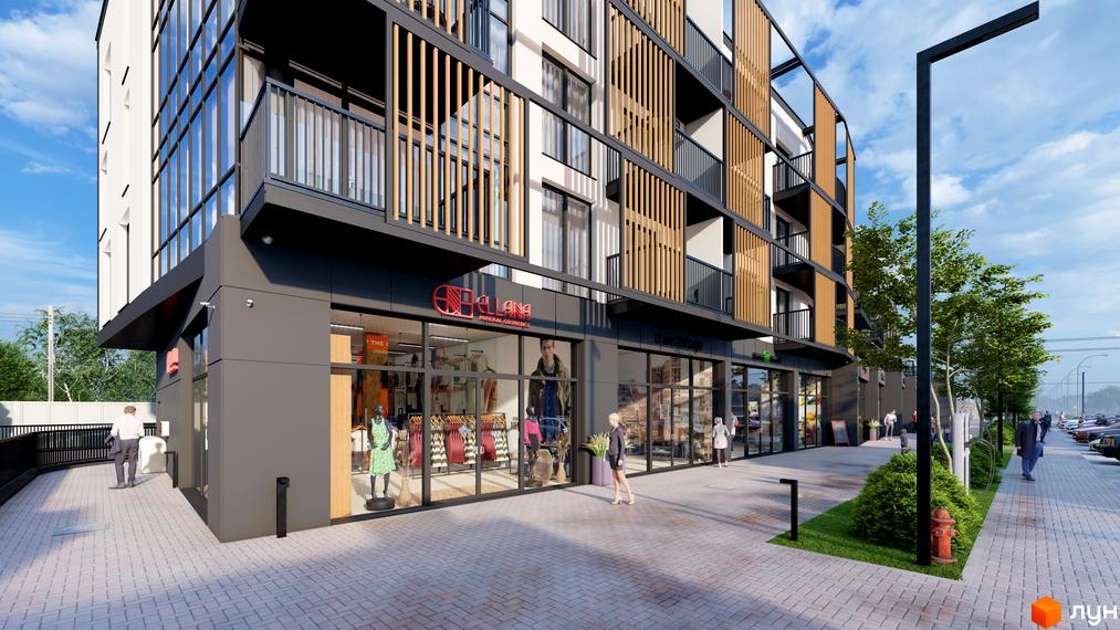 Зовнішній вигляд житлового комплексу DO RE MI Apart з комерційними приміщеннями на першому поверсі та доглянутою прибудинковою територією. Фасад будівлі оздоблений дерев'яними елементами та великими вікнами.