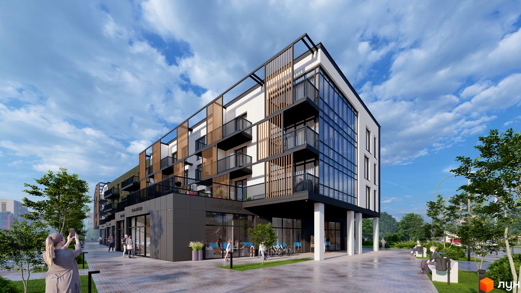 Зовнішній вигляд будинку DO RE MI Apart з балконами та скляним фасадом, прибудинкова територія з деревами та місцями для відпочинку.