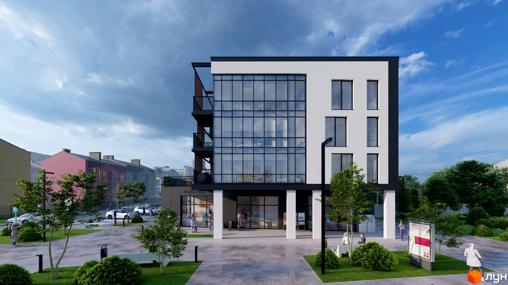 Зовнішній вигляд житлового комплексу DO RE MI Apart з великими вікнами та балконами, прибудинкова територія з деревами та місцями для відпочинку.