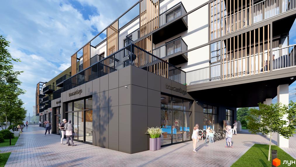 Зовнішній вигляд будинку DO RE MI Apart з балконами та комерційними приміщеннями на першому поверсі. Прибудинкова територія з пішохідною зоною та деревами.