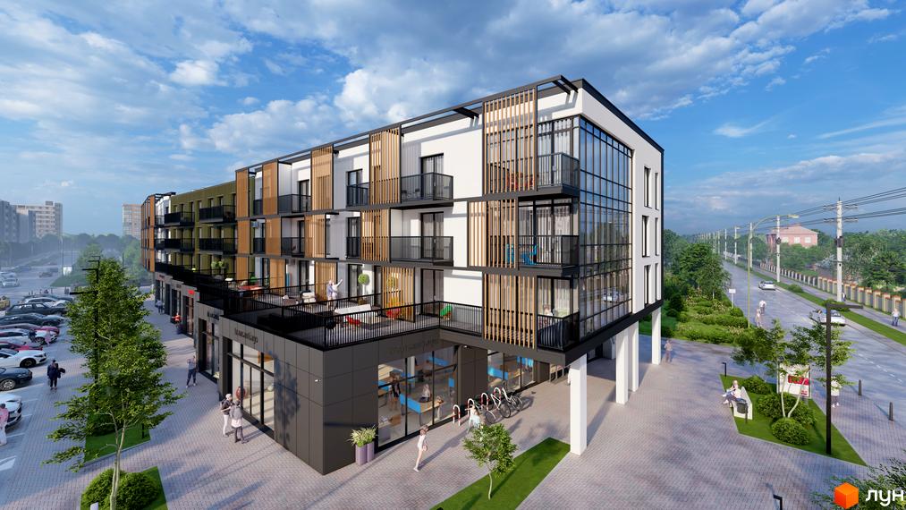 Зовнішній вигляд будинку DO RE MI Apart з балконами та скляними фасадами, поруч розташовані парковка та зелена зона.