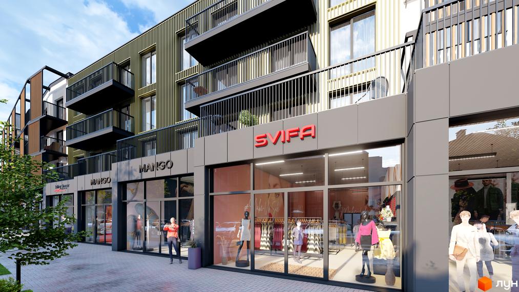 Зовнішній вигляд новобудови DO RE MI Apart з балконами та комерційними приміщеннями на першому поверсі. Прибудинкова територія з деревами та бруківкою.