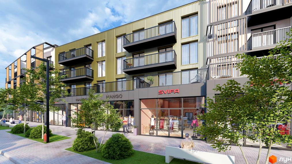 Зовнішній вигляд новобудови DO RE MI Apart з балконами та комерційними приміщеннями на першому поверсі. Навколо розташовані дерева та пішохідна зона.